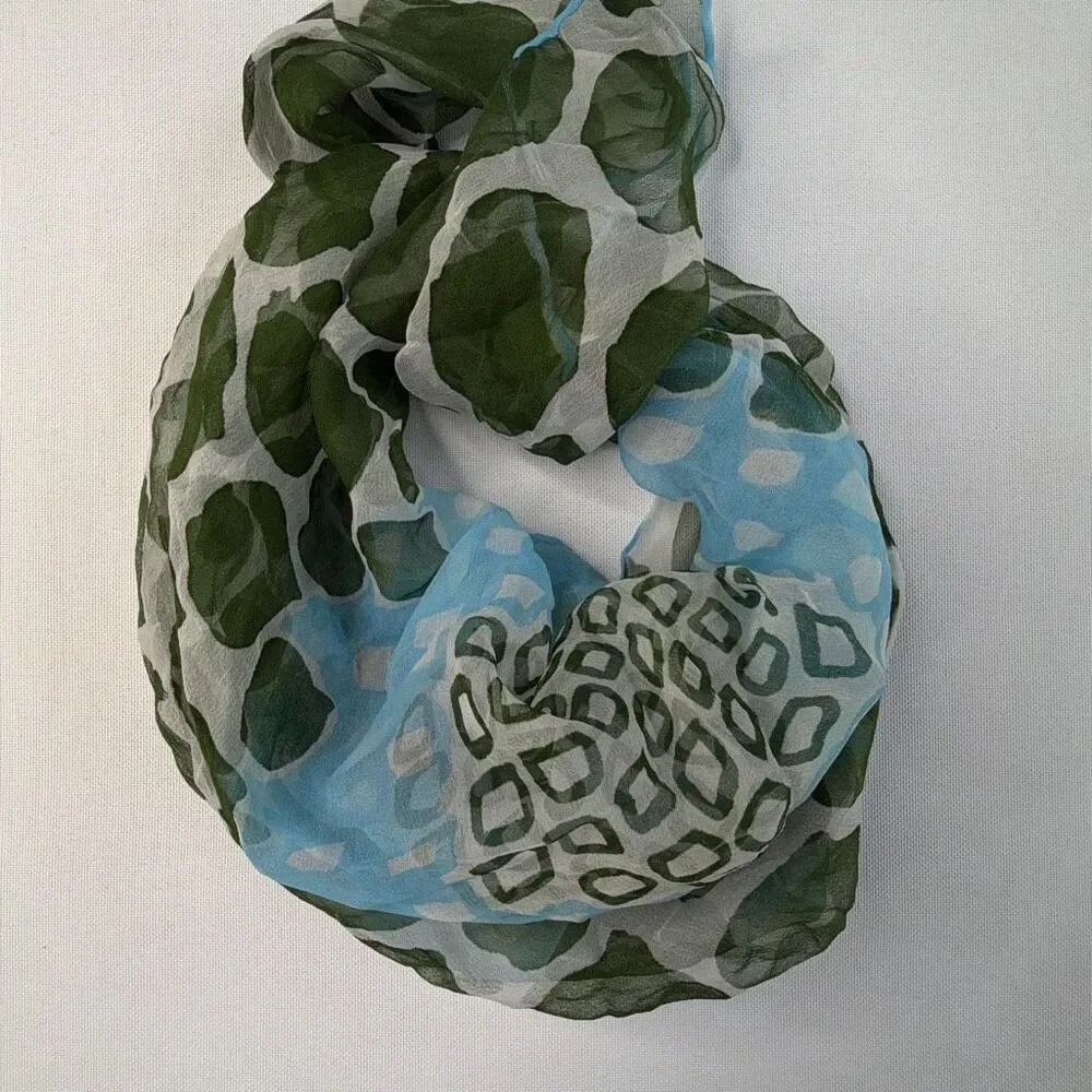 Silk Scarf Neckerchief Square Blue and Green Made in Japan